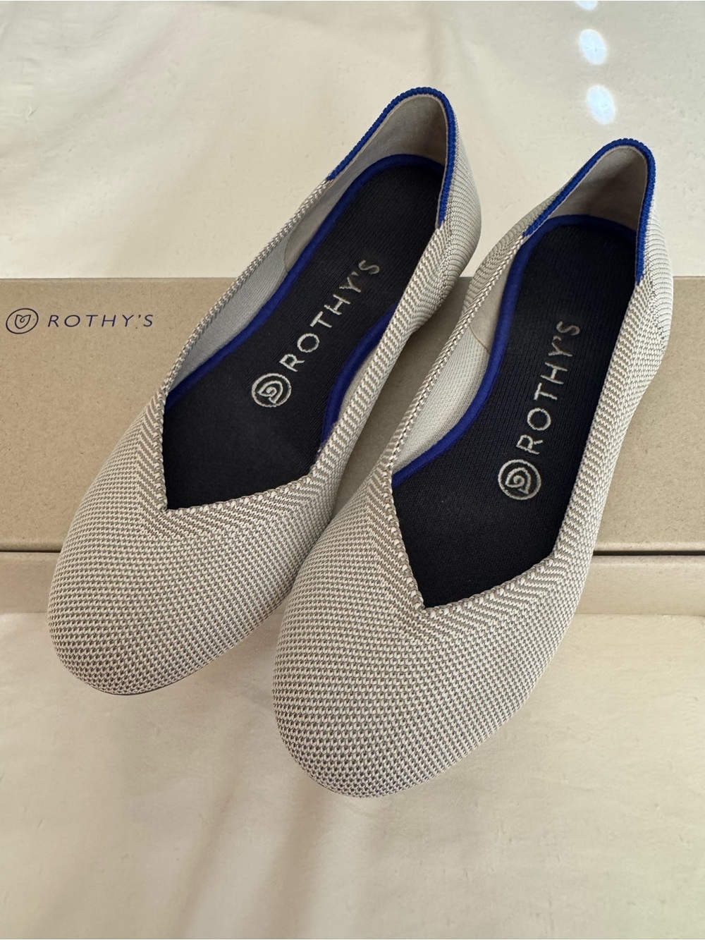 Rothy's Women's Pointed Toe Flats in Light Gray with Navy Trim